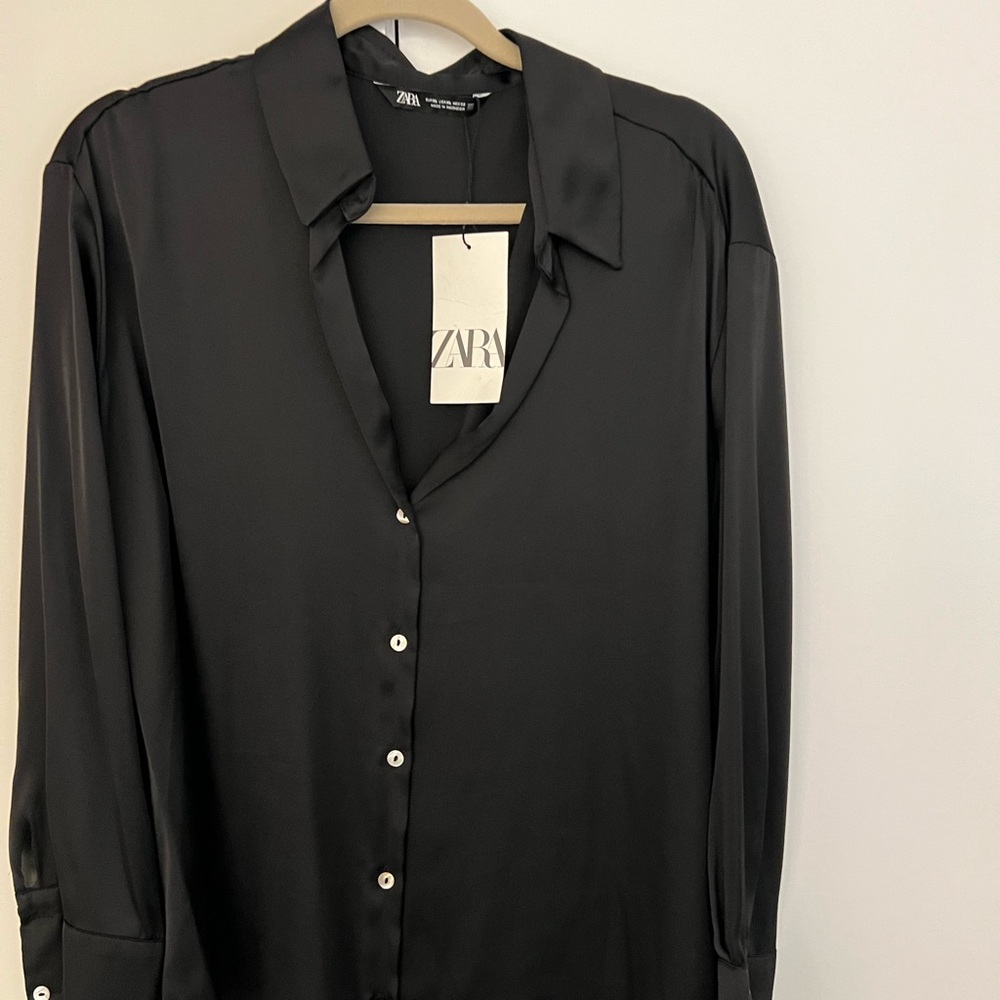 Zara Black Satin Long-Sleeve Button-Down Shirt